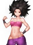  1girl bare_shoulders big_hair black_eyes black_hair breasts cameltoe caulifla curvy dragon_ball dragon_ball_super female fumio_(rsqkr) groin hips looking_at_viewer midriff navel no_bra pants pants_pull short_hair simple_background small_breasts smile solo spiked_hair strapless tubetop white_background 