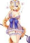  :d absurdres animal_ears blonde_hair blue_eyes blush bow breasts collar covered_nipples dog_collar dog_ears fake_animal_ears fate/apocrypha fate_(series) flagpole hairband heart highres jeanne_d'arc_(fate) jeanne_d'arc_(fate)_(all) large_bow large_breasts leg_garter lingerie long_hair negligee no_panties off_shoulder one_eye_closed open_mouth pussy see-through senbon_tsuki smile solo spoken_heart strap_slip translation_request underwear v very_long_hair 