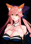  absurdres animal_ears bare_shoulders black_background bow breasts cleavage commentary_request detached_collar detached_sleeves fate/grand_order fate_(series) fox_ears hair_bow hands_on_own_chest highres large_breasts long_hair looking_to_the_side low_twintails menea pink_hair smile solo tamamo_(fate)_(all) tamamo_no_mae_(fate) twintails yellow_eyes 