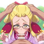 1girl :&gt;= bar_censor blonde_hair blush bow censored clothed_female_nude_male e_keroron emily_(mahou_girls_precure!) fellatio hair_bow hands_on_another's_head head_grab hetero irrumatio magic_school_uniform mahou_girls_precure! male_pubic_hair nude oral penis pov precure pubic_hair school_uniform tearing_up yellow_eyes 
