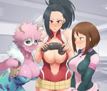  3girls areolae black_hair black_sclera blush bodysuit boku_no_hero_academia breasts brown_hair center_opening classroom cleavage covered_navel dildo domino_mask erect_nipples half-closed_eyes highres horn indoors large_breasts minakami_(flyingman555) multiple_girls navel nipple_slip pink_hair pink_skin ponytail short_hair sweatdrop uraraka_ochako yaoyorozu_momo yellow_eyes 