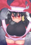  bent_over black_hair black_shirt blush breasts breath christmas cool-kyou_shinja cowboy_shot foreshortening hair_between_eyes hair_tubes hat highres komori-san_wa_kotowarenai! komori_shuri large_breasts long_sleeves looking_at_viewer red_eyes santa_hat shirt short_hair smile solo thighhighs zettai_ryouiki 