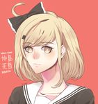  ahoge artist_name blonde_hair bow character_name danganronpa hair_ornament hairclip jyammi nakajima_kanon portrait red_background sailor_collar simple_background solo yellow_eyes zettai_zetsubou_shoujo 