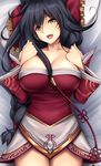  :d ahri bed_sheet between_breasts black_hair blush bow braid breasts cleavage collarbone commentary cowboy_shot dakimakura detached_sleeves eyebrows_visible_through_hair facepaint frilled_bow frills from_above hair_between_breasts hair_bow hair_tie hands_on_own_chest head_tilt large_breasts league_of_legends long_hair long_sleeves looking_at_viewer looking_up lying on_back open_mouth red_bow shiny shiny_skin single_braid smile strapless teeth thigh_gap thighs tony_guisado very_long_hair whisker_markings yellow_eyes 