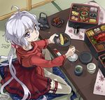 ahoge bowl chopsticks crossed_legs cushion dress eating food food_on_face garters hair_ornament hair_scrunchie holding holding_chopsticks japanese_house lobster long_hair looking_at_viewer low_twintails obentou plate purple_eyes red_dress rice rice_on_face scrunchie senki_zesshou_symphogear silver_hair sitting solo table tablecloth tea twintails tyuga very_long_hair white_legwear yukine_chris 