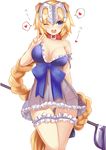  :d absurdres animal_ears blonde_hair blue_eyes blush bow breasts collar dog_collar dog_ears fake_animal_ears fate/apocrypha fate_(series) flagpole hairband heart highres jeanne_d'arc_(fate) jeanne_d'arc_(fate)_(all) large_bow large_breasts leg_garter lingerie long_hair lowleg lowleg_panties negligee off_shoulder one_eye_closed open_mouth panties see-through senbon_tsuki smile solo spoken_heart strap_slip translated underwear v very_long_hair 