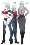  ass ass_visible_through_thighs backless_pants belt black_sclera blue_hair blush boots breasts bustier covered_nipples crossed_arms dark_persona ear_piercing facial_mark fingerless_gloves full_body genderswap genderswap_(mtf) gloves hair_between_eyes hand_on_hip harmonica height height_difference high_heel_boots high_heels highleg highleg_panties highres holster instrument kiryuu_kyousuke large_breasts long_hair looking_at_viewer multiple_girls multiple_persona nail_polish navel panties pants piercing purple_nails shirt short_hair short_shorts shorts smile smirk standing t-shirt tattoo thigh_boots thigh_gap thighhighs underwear vest white_background yanazuri_(kimossari337) yellow_eyes yuu-gi-ou yuu-gi-ou_5d's 