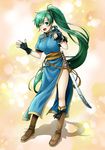  blush boots breasts chocolate dress fingerless_gloves fire_emblem fire_emblem:_rekka_no_ken fire_emblem_heroes full_body gloves green_eyes green_hair high_ponytail highres jewelry long_hair looking_at_viewer lyndis_(fire_emblem) medium_breasts open_mouth ponytail smile solo sword very_long_hair weapon yuino_(fancy_party) 