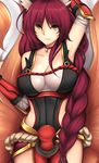  ahri animal_ears arm_guards arm_up armor armpits bandaged_arm bandages bangs bare_shoulders bed_sheet braid breasts cleavage collarbone corset cowboy_shot dakimakura eyebrows_visible_through_hair facepaint fox_ears fox_tail foxfire_ahri from_above large_breasts league_of_legends loincloth long_hair looking_at_viewer looking_up lying midriff multiple_tails on_back parted_bangs red_hair single_braid smile solo tail tony_guisado tsurime very_long_hair whisker_markings yellow_eyes 