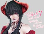  1girl 2017 black_hair breasts cleavage demon_horns dress eliza_(tekken) eyeliner flower horns lips lipstick makeup orange_eyes pale_skin purple_lipstick red_dress rose slit_pupils solo tattoo tekken tekken_7 vampire 