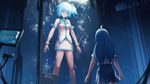  bili_girl_22 bili_girl_33 bilibili_douga blue_hair blue_skirt bubble character_name closed_eyes copyright_name facing_another highres long_hair looking_at_another looking_away mool_yueguang multiple_girls short_hair short_sleeves side_ponytail skirt sleeveless 