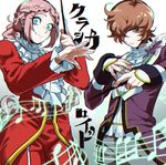  baton baton_(instrument) beamed_eighth_notes beamed_sixteenth_notes blue_eyes braid classicaloid copyright_name cowboy_shot cravat eighth_note frederic_chopin_(classicaloid) long_hair looking_at_viewer male_focus multiple_boys musical_note orange_hair pink_hair poiaya quarter_note short_hair smile staff_(music) wolfgang_amadeus_mozart_(classicaloid) 