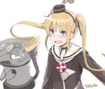  1girl :d amatsukaze_(kantai_collection) amatsukaze_(kantai_collection)_(cosplay) artist_name bangs blonde_hair blue_eyes blush commentary_request cosplay fang hat kantai_collection lifebuoy long_hair long_sleeves mini_hat open_mouth rensouhou-kun retorillo saenai_heroine_no_sodatekata sailor_collar sawamura_spencer_eriri simple_background smile twintails upper_body v-shaped_eyebrows white_background 