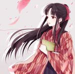  bangs beige_background black_hair book bow chisumi commentary_request hair_bow hakama highres holding holding_book japanese_clothes kimono long_hair looking_to_the_side original parted_bangs parted_lips petals pink_bow ponytail red_eyes red_kimono red_string sidelocks simple_background smile solo string upper_body wide_sleeves yagasuri 