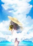  bad_id bad_pixiv_id bangs blonde_hair blue_sky cloud cloudy_sky commentary_request condensation_trail cowboy_shot day dress flower from_side hat highres holding holding_flower long_hair looking_at_viewer looking_back original parted_lips purple_eyes sakurai_unan sky solo straw_hat summer sundress sunflower twitter_username white_dress 