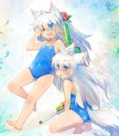  blue_eyes chestnut_mouth fang flower full_body hair_flower hair_ornament highres long_hair one-piece_swimsuit one_eye_closed open_mouth original school_swimsuit siblings signature squatting swimsuit tail toba_hiyoko twins water_gun white_hair wolf_ears wolf_tail 