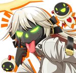  1girl ahoge akanbe arc_system_works blonde_hair bodysuit familiar gloves guilty_gear guilty_gear_xrd guilty_gear_xrd:_revelator halo jack-o_(guilty_gear) jack-o_valentine knight_servant long_hair looking_at_viewer magician_servant mask minion_(guilty_gear) multicolored_gloves multicolored_hair red_hair shiny shiny_clothes shiny_hair solo tongue tongue_out very_long_hair vivid 