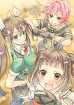  blush brown_eyes brown_hair cracking_knuckles double_bun hair_ribbon hodo_(fujitaka) kantai_collection kinu_(kantai_collection) looking_at_viewer multiple_girls naka_(kantai_collection) open_mouth orange_eyes pink_hair remodel_(kantai_collection) ribbon short_hair short_sleeves smile tone_(kantai_collection) traditional_media twintails 