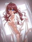  ahoge arm_up blue_eyes breasts brown_hair collarbone commentary_request earrings highres ichinose_shiki idolmaster idolmaster_cinderella_girls jewelry kyouno_aki labcoat long_hair long_sleeves looking_at_viewer medium_breasts naked_labcoat navel open_clothes solo wavy_hair 