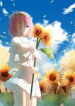  blue_sky blush closed_mouth cloud cloudy_sky commentary cowboy_shot day dress fate/grand_order fate_(series) flower flower_wreath hair_over_one_eye head_wreath highres holding holding_flower light_smile looking_at_viewer mash_kyrielight outdoors petals pink_hair purple_eyes re:rin sky smile solo sunflower white_dress 