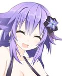  :d bare_shoulders blush braid breasts cleavage closed_eyes collarbone flower hair_flower hair_ornament long_hair medium_breasts neptune_(series) niwaka_potato open_mouth purple_hair purple_heart shiny shiny_hair shiny_skin simple_background smile solo tied_hair twin_braids upper_body white_background 