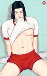  1boy against_wall black_hair bulge crotch hanzo_(overwatch) looking_at_viewer male_focus muscle nipple overwatch park_cok pecs presenting shirt_lift shorts sitting socks solo 