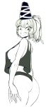  1girl arms_at_sides ass bare_arms boyshorts breasts commentary_request cowboy_shot curvy eyebrows_visible_through_hair from_side grin hat highres hips looking_back medium_breasts midriff monochrome mononobe_no_futo ponytail short_hair short_shorts shorts sideboob simple_background sketch smile solo space_jin tank_top tate_eboshi teeth thighs touhou white_background 