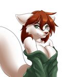  &lt;3 anthro bare_shoulders bedroom_eyes big_breasts breasts brown_hair canine cleavage clothed clothing colored eyebrows eyelashes female fur green_eyes hair half-closed_eyes hi_res keidran looking_at_viewer mammal mature_female nekonny red_hair robe roselyn_(twokinds) seductive simple_background skimpy smile solo tuft twokinds webcomic white_background wolf 