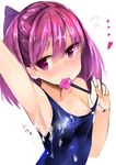  areolae armpits blush condom condom_in_mouth condom_wrapper cum cum_on_clothes fate/grand_order fate_(series) heart helena_blavatsky_(fate/grand_order) highres looking_to_the_side mouth_hold muoto one-piece_swimsuit purple_eyes purple_hair short_hair simple_background smile solo swimsuit white_background 