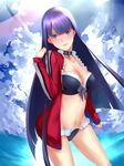  absurdres bikini blue_eyes blush breasts choker cleavage cross fate/grand_order fate_(series) head_tilt highres jacket large_breasts long_hair navel open_clothes open_jacket purple_hair saint_martha saint_martha_(swimsuit_ruler)_(fate) solo swimsuit type-moon_fans 