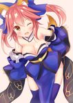  ;d animal_ears bare_shoulders blue_bow blue_legwear blush bow breasts cleavage detached_collar fate/extra fate_(series) fox_ears fox_tail hair_bow highres long_hair medium_breasts one_eye_closed open_mouth pink_hair smile solo tail tamamo_(fate)_(all) tamamo_no_mae_(fate) thighhighs twintails yellow_eyes yuuyu 