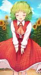  ^_^ ascot bangs blue_sky blush closed_eyes cloud collared_shirt curly_hair day eyebrows_visible_through_hair flan_(harry_mackenzie) flower frilled_skirt frills garden_of_the_sun green_hair happy highres kazami_yuuka long_skirt long_sleeves mountain open_clothes open_mouth open_vest outdoors plaid plaid_skirt plaid_vest red_skirt red_vest shiny shiny_hair shirt short_hair skirt skirt_set sky smile solo sunflower touhou vest wavy_hair white_legwear white_shirt younger 