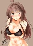  ahoge bangs bare_arms bare_shoulders between_breasts black_bra blunt_bangs blush bottomless bra breast_hold breasts brown_background brown_eyes brown_hair cleavage closed_mouth collarbone embarrassed eyebrows_visible_through_hair frown hair_intakes hand_on_own_chest jewelry kantai_collection kongou_(kantai_collection) lace lace-trimmed_bra large_breasts long_hair looking_at_viewer navel necklace out-of-frame_censoring shiny shiny_skin signature simple_background solo stomach straight_hair sweat tareme toned underwear very_long_hair yua_(checkmate) 