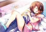  asahi_breweries baba_konomi beer_can blush braid brown_hair can chips closed_eyes commentary_request dakimakura_(object) food hair_over_shoulder highres idolmaster idolmaster_million_live! long_hair navel on_bed open_mouth p-head_producer pillow potato_chips ro_risu saliva single_braid sleeping solo 