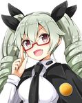  :d aikawa_ryou anchovy anzio_school_uniform black_neckwear black_ribbon blush cape commentary drill_hair fang girls_und_panzer glasses graphite_(medium) green_hair hair_between_eyes hair_ribbon highres index_finger_raised long_hair long_sleeves looking_at_viewer necktie open_mouth purple_eyes red-framed_eyewear ribbon shirt simple_background smile solo sparkle traditional_media twin_drills twintails upper_body v-shaped_eyebrows white_background white_shirt 