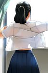  black_hair blue_skirt bra_through_clothes bralines collared_shirt cowboy_shot curtains dressing from_behind highres indoors light_rays long_hair matsunaga_kouyou open_clothes open_shirt original outstretched_arm pleated_skirt ponytail school_uniform shirt short_sleeves skirt solo standing white_shirt window 