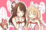  ^_^ abe_nana animal_ears bangs bare_shoulders blonde_hair blush breasts brown_hair bunny_ears chibi chibi_inset chisumi closed_eyes closed_mouth eighth_note eyebrows_visible_through_hair flat_chest futaba_anzu hand_up idolmaster idolmaster_cinderella_girls laughing long_hair low_twintails medium_breasts multiple_girls musical_note one_side_up open_mouth ponytail ringlets shimamura_uzuki sidelocks smile twintails upper_body 