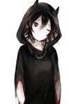  ;) black_hair chain_necklace closed_mouth commentary_request grey_background hair_between_eyes hasunokaeru highres hood hood_up horns looking_at_viewer one_eye_closed original red_eyes robe simple_background smile solo torn_clothes upper_body 