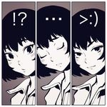  !? &gt;:) ... 1girl blush_stickers expression_chart eyes_closed greyscale ilya_kuvshinov looking_at_viewer monochrome original short_hair simple_background solo upper_body 