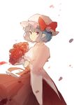  bangs blue_hair bouquet bow closed_mouth collared_shirt cowboy_shot dress dress_shirt eyebrows_visible_through_hair flower from_behind ginryuu hat hat_bow highres holding holding_bouquet looking_at_viewer looking_back mob_cap petals pointy_ears puffy_short_sleeves puffy_sleeves red_bow red_dress red_eyes red_flower red_rose remilia_scarlet rose shirt short_hair short_sleeves simple_background skirt skirt_set smile solo touhou white_background white_shirt wind 