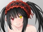  bare_shoulders black_hair bonnet clock_eyes collarbone date_a_live hairband heterochromia lolita_hairband long_hair looking_at_viewer ogoro red_eyes simple_background smile solo symbol-shaped_pupils tokisaki_kurumi twintails uneven_twintails upper_body yellow_eyes 