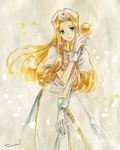  1girl blue_eyes brown_hair dress gloves long_hair mint_adenade smile staff tales_of_(series) tales_of_phantasia weapon 