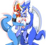  2017 anthro blush breasts digimon dragon erection exveemon female flamedramon larger_female male mellonsoda nipples nude open_mouth penis pussy size_difference smaller_male video_games wings 