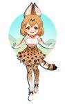  animal_ears brown_eyes brown_hair elbow_gloves gloves high-waist_skirt highres kemono_friends open_mouth pandako serval_(kemono_friends) serval_ears serval_print serval_tail shirt short_hair skirt sleeveless sleeveless_shirt solo standing striped_tail tail thighhighs 