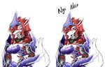  akitokit anthro armor black_nose blue_eyes blush breasts canine cleavage clothed clothing english_text female fur mammal midriff open_mouth red_fur smile text white_fur wolf 