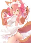  :d animal_ears apron ass breasts cat_hair_ornament commentary_request cowboy_shot fang fate/grand_order fate_(series) fox_ears fox_tail hair_ornament hair_ribbon highres large_breasts long_hair looking_at_viewer makuran naked_apron open_mouth paws pink_hair ponytail ribbon simple_background smile solo tail tamamo_(fate)_(all) tamamo_cat_(fate) white_background yellow_eyes 