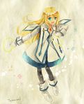  1girl blonde_hair blue_eyes capelet collet_brunel dress gloves jewelry long_hair open_mouth pantyhose shoes tales_of_(series) tales_of_symphonia weapon 
