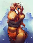  anthro blue_eyes covering female fluffy fluffy_tail hair hair_over_eye hug long_hair looking_at_viewer mammal nude red_panda snow solo tail_between_legs tail_hug tasanko wide_hips winter 