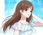  arm_up blue_dress blush brown_eyes brown_hair chisumi dress earrings eyebrows_visible_through_hair hand_in_hair idolmaster idolmaster_cinderella_girls jewelry long_hair looking_at_viewer necklace nitta_minami parted_lips silhouette smile solo stud_earrings upper_body 