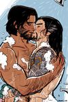  2boys bathroom eyes_closed facial_hair hanzo_(overwatch) kiss male_focus mccree_(overwatch) multiple_boys nude park_cok shared_bathing shower smile soap steam tattoo wet yaoi 